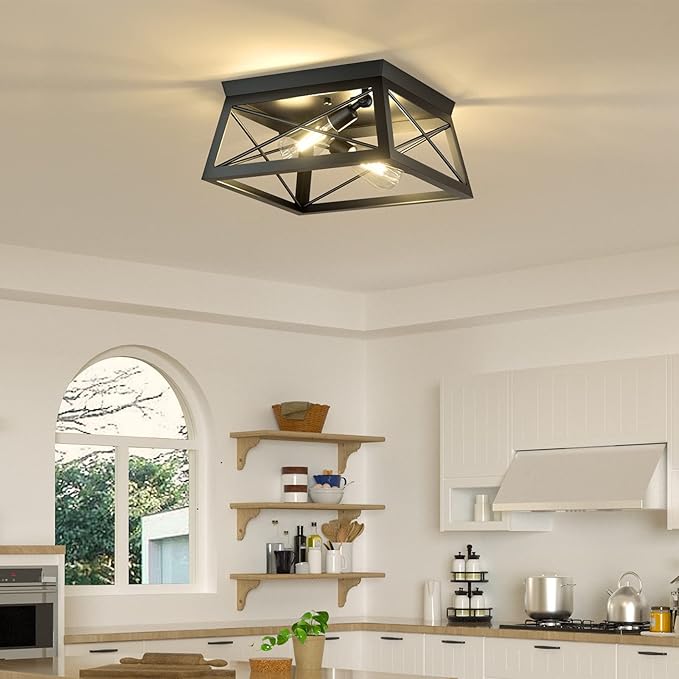 Pynsseu Industrial Ceiling Light, 2 Lights Farmhouse Semi Flush Mount Ceiling Fixture for Kitchen Island Dining Room Bedroom Foyer Hallway, 1 Pack, Black
