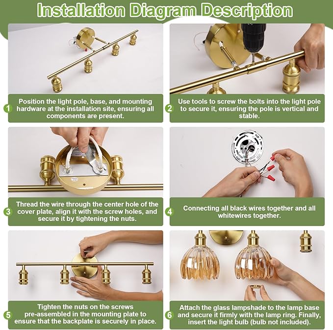 Vintage Bathroom Light Fixtures,4-Light Hardwired Vanity Lights with Green Tulip Glass Shade,Gold Bathroom Vanity Light for Mirror Restroom,E26 Socket,25.2 in(Bulbs Not Included)