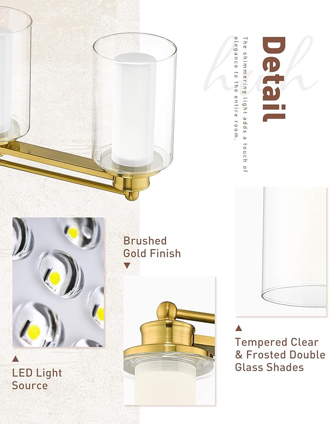 4 Light Bathroom Vanity Light, HWH Brushed Gold Vanity Lights for Bathroom, Brass Gold Wall Light Fixtures Clear Glass, Dimmable LED Vanity Lights for Mirror 24W 5CCT, 5HLT63B-4W-LED BG