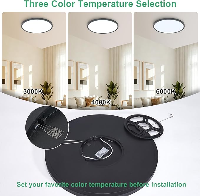 6PK 15.8 Inch LED Flush Mount Ceiling Light Fixture, 32W,3200LM,3000K/4000K/6000K CCT Selectable,0.67 inch Super Slim LED Ceiling Light for Bedroom,Hallway,Kitchen,Black