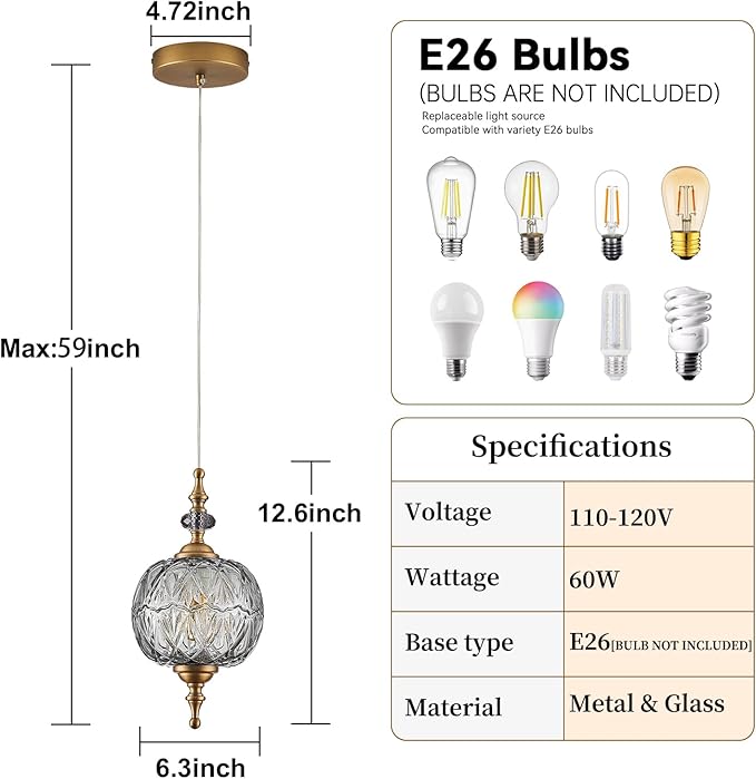 Vintage Grey Glass Pendant Light Fixtures E26 Bulb Pendant Lights for Bedroom Living Room Dining Room Kitchen Island Hallway