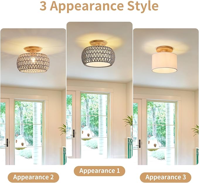 Boho Rattan Ceiling Light Fixture - 3 Style Options Wicker Semi Flush Mount Ceiling Lights,Grey Coastal Light Fixtures,Bohemian Woven Basket Chandelier for Hallway Bedroom Nursery Kitchen Laundry