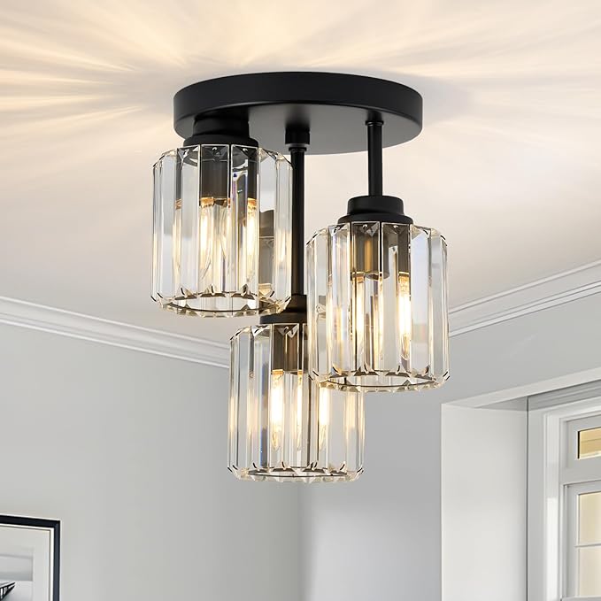 3-Light Modern Semi Flush Mount Ceiling Light, Crystal Ceiling Light with Clear K9 Crystal Shades, Black Close to Ceiling Light Fixtures for Hallway Kitchen Bathroom Entryway