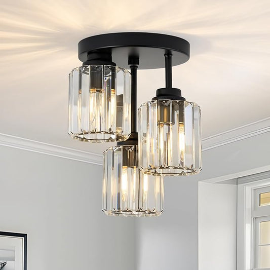 3-Light Modern Semi Flush Mount Ceiling Light, Crystal Ceiling Light with Clear K9 Crystal Shades, Black Close to Ceiling Light Fixtures for Hallway Kitchen Bathroom Entryway