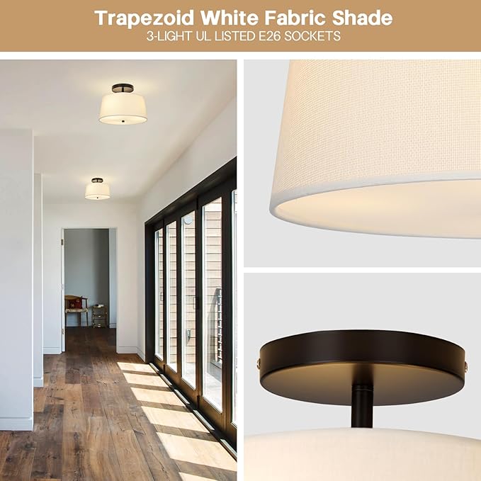 12.6" Semi Flush Mount Ceiling Light Fixtures,3-Light Drum Light,Modern Close to Ceiling Light with White Shade,Light Fixtures Ceiling Mount for Bedroom,Dinning Room,Nursery, Kitchen