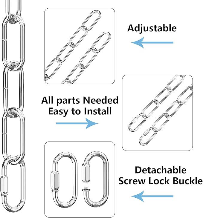garini 6 Feet Silver Light Fixture Chain, Adjustable Metal Pendant Chandelier Chain Extension with Detachable Link, Maximum Load is 66 Pounds, 2 Pack