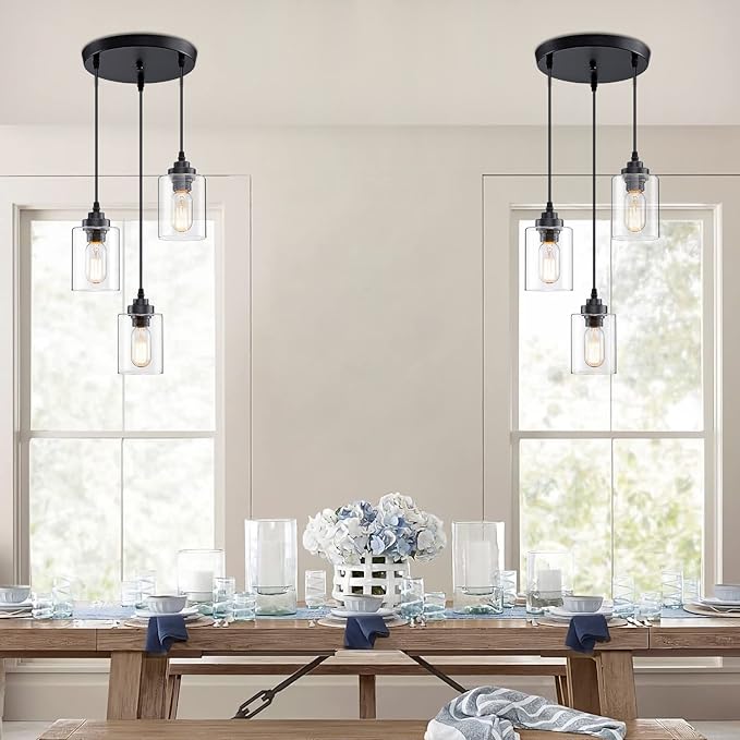 3-Light Pendant Lighting,3 Pendant Light Fixture for Kitchen Island,Dining Lamp Ceiling Hanging,with Adjustable Cord and Glass Shade for Farmhouse Living Dining Room Bar,Black