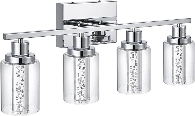 MELUCEE 5 Color Dimmable LED Bathroom Light Fixtures 4 Light Chrome Vanity Lights Bathroom Lights Over Mirror Wall Light Fixtures with Crystal Bubble Clear Glass Shade, Built-in LED Chips