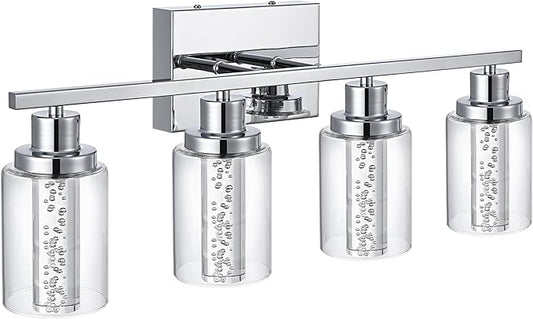 MELUCEE 5 Color Dimmable LED Bathroom Light Fixtures 4 Light Chrome Vanity Lights Bathroom Lights Over Mirror Wall Light Fixtures with Crystal Bubble Clear Glass Shade, Built-in LED Chips