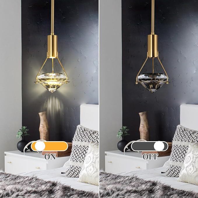 Modern Crystal Pendant Light,LED Crystal Hanging Light Fixture for Dining Room,1-Light Diamond Crystal Chandelier,Height Adjustable Pendants Lamp,Gold Ceiling Pendant Light for Kitchen Island Bedroom
