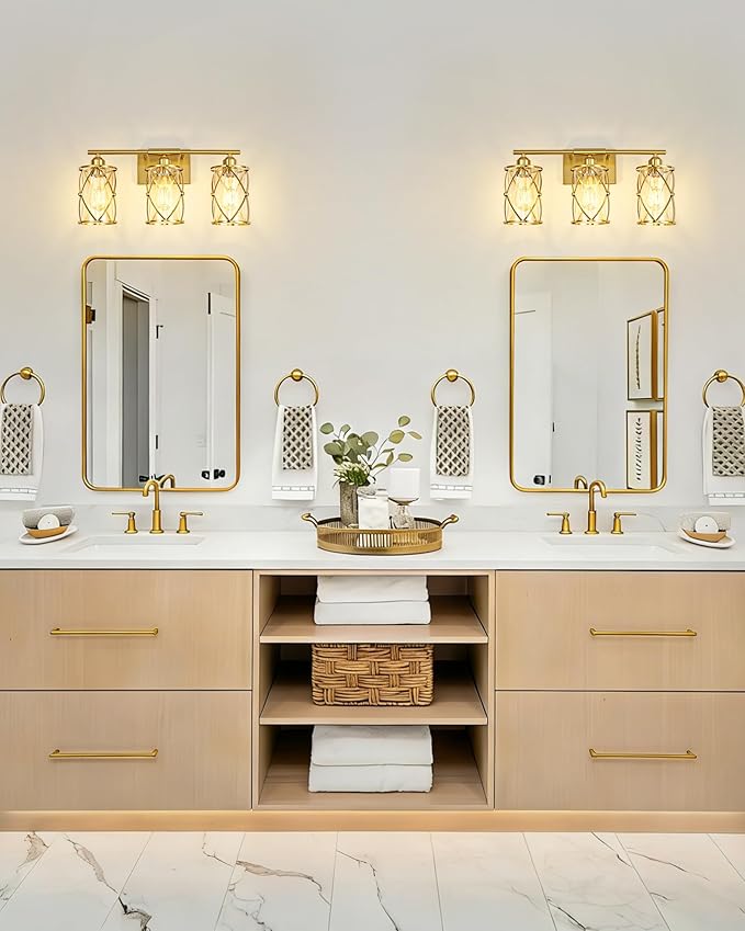 3-Light Brushed Gold Bathroom Light Fixtures, 21 Inch Modern Bathroom Vanity Lighting Fixtures Over Mirror with Clear Glass and Metal Cage Wall Sconce Lights for Bath, E26, CH9176BG-3W