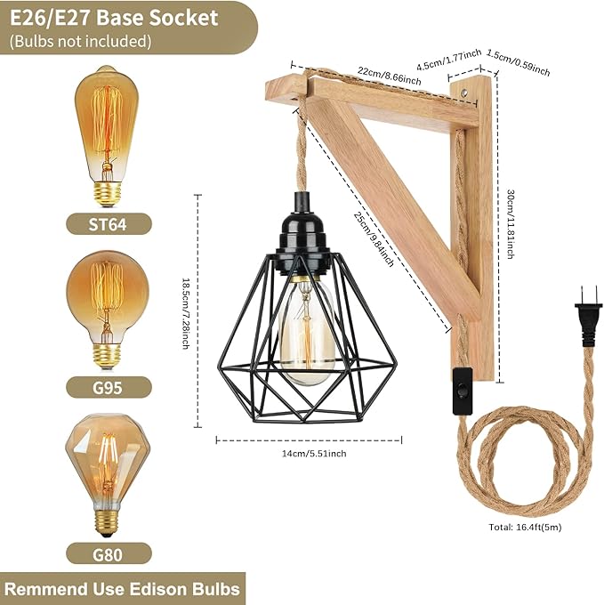 Frideko Wood Plug in Wall Sconces Set of Two, Hanging Lamps that Plug into Wall Outlet, Farmhouse Wall Light Fixtures with 8.21FT On/Off Switch Cord, Indoor Rustic Wall Lamp for Bedroom Living Room