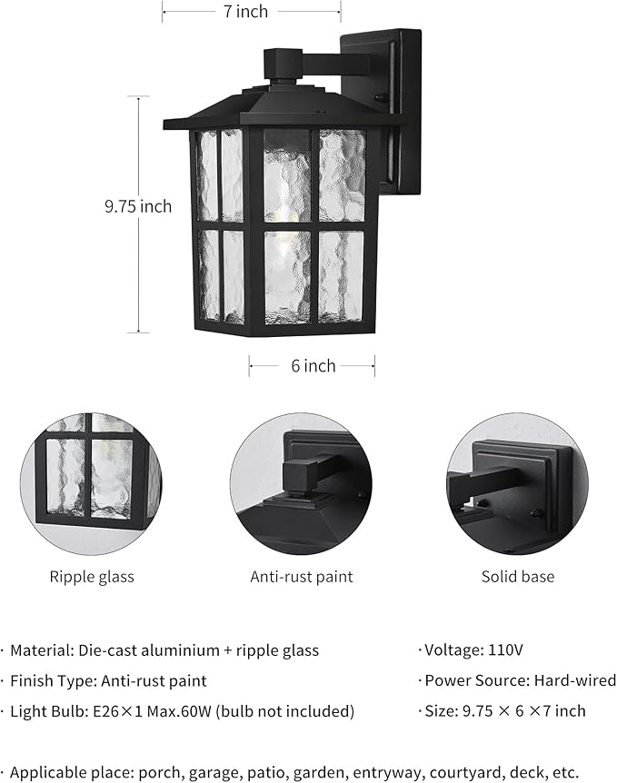 KDG Outdoor Waterproof Patio Wall Light Fixtures Set of 2, Black E26 Socket Exterior Lanterns with Tempered Glass, Modern Wall Mounted Lamp Suitable for Home, Front Door, Garden, Garage, Porch