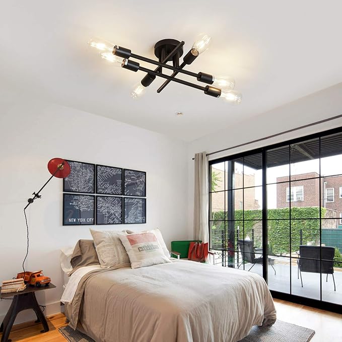 ZGLAOJT 6-Lights Semi Flush Mount Ceiling Light Fixture，Black Industrial Chandelier，Farmhouse Lighting for Dining Room Living Room Kitchen Bedroom