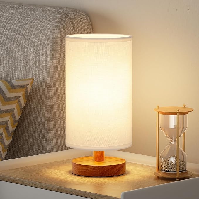 Fenmzee Small Table Lamp for Bedroom - Inline Control, Bedside Lamp with 3000K A15 LED Blub, Easy Assembly (White Shade - Walnut Base, 9" Inline Control)