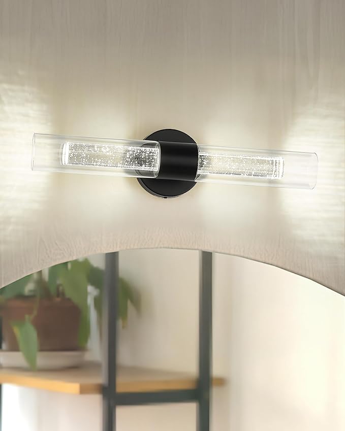 kudos Black Bathroom Sconces Wall Lighting, LED Wall Lights with Crystal Bubble and Clear Glass, 3000K/4500K/6000K Adjustable, KDVL05-BK-2