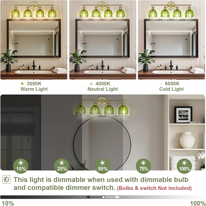 Vintage Bathroom Light Fixtures,4-Light Hardwired Vanity Lights with Green Tulip Glass Shade,Gold Bathroom Vanity Light for Mirror Restroom,E26 Socket,25.2 in(Bulbs Not Included)