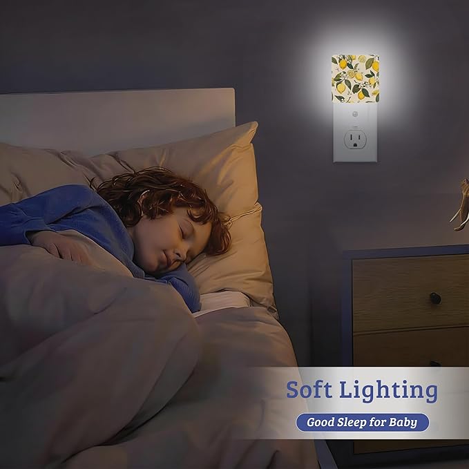 Lemon White Flowers Night Light Plug Into Wall with Dusk to Dawn Sensor Wall Lamp, LED Nightlights for Bedroom, Bathroom, Kitchen, Hallway, Room Decorative for Boys Girls Women Men Gifts