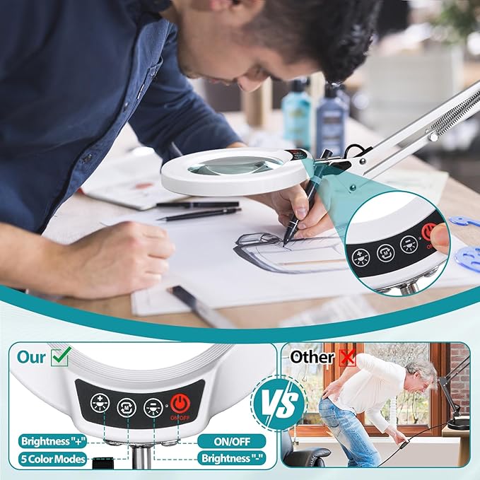 10X Magnifying Glass with Light and Stand, 2-in-1 Desk Lamp & Clamp Light, 5 Color Modes, Brightness Stepless Dimmable LED Lighted Magnifier Hands Free, Magnifier Lamp for Crafts - White
