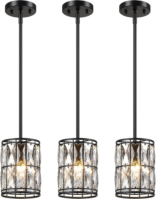 Modern Crystal Pendant Light Fixture 3-Pack Matte Black Finish Hanging Lighting Crystal Chandelier for Living Room, Kitchen, Hallway