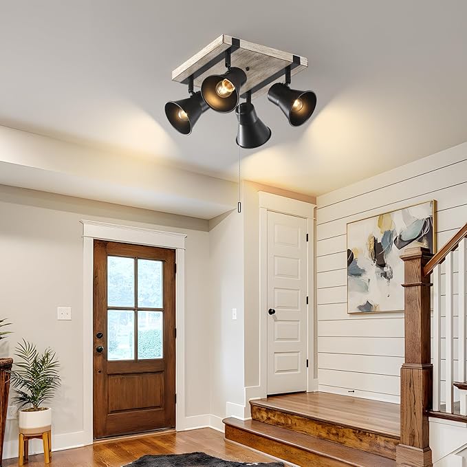 KEESFU 4 Light Kitchen Lighting Fixtures Ceiling Pull Chain Light,Farmhouse Flush Mount Ceiling Light with Rotatable Head,Rustic Light Fixtures for Dining Room Bedroom Hallway.