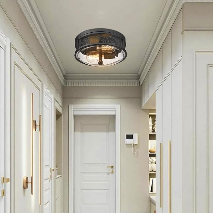 Flush Mount Ceiling Light Fixture, 12 Inch 2-Light Modern Farmhouse Semi Ceiling Light with Seeded Glass for Bedroom, Entryway, Kitchen, Hallway, ROS88 BK