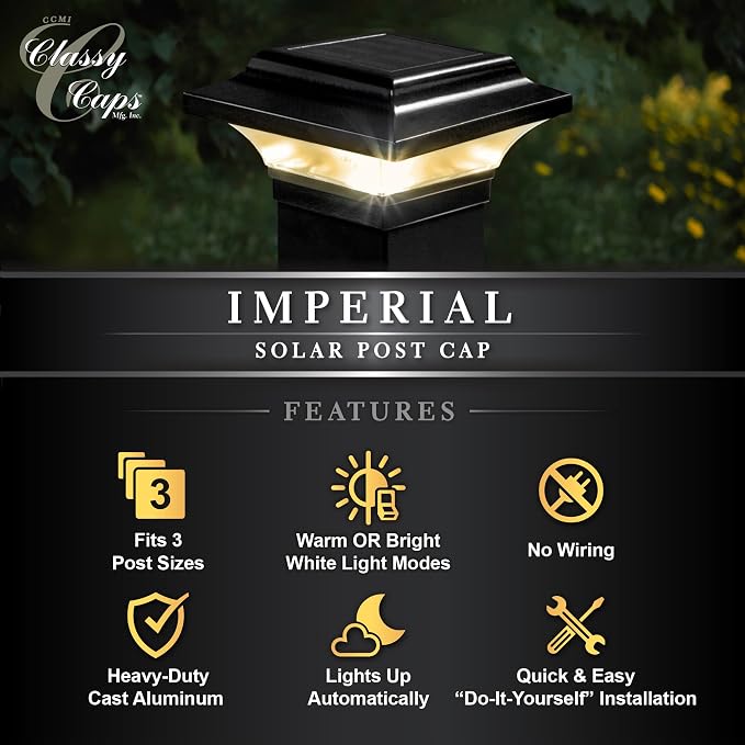 Classy Caps 2x2 Imperial Solar Post Cap - Fits 2"x2", 2.25"x2.25", and 2.5"x2.5" Deck & Fence Posts - Warm & Cool Light Modes - Black Cast Aluminum - Heavy-Duty - Mod. SL082B