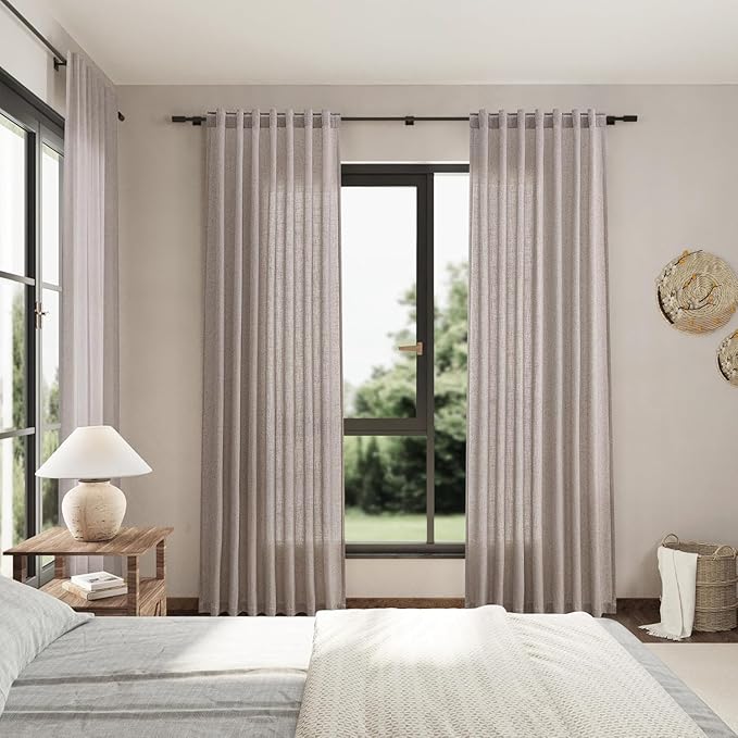 Nanspring Brownish Grey Linen Curtains for Living Room 98 Inches Long Back Tab Light Filtering Semi Sheer Curtain Modern Farmhouse Decor for Bedroom Office Luxury Textured Drapes 52x98, 2 Panels