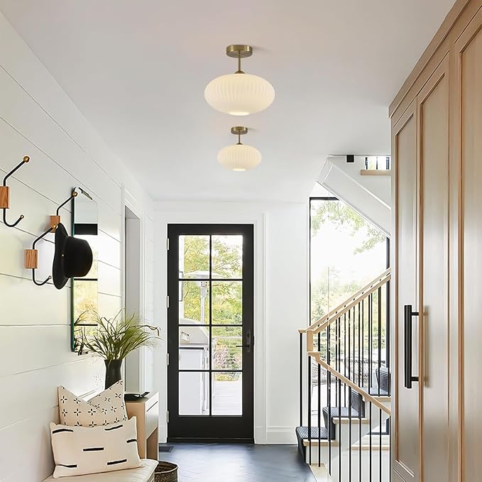 Mid Century Modern Brass Semi Flush Mount Ceiling Light Small Ribbed Milk Glass Flush Mount Ceiling Light Gold and White Flush Mount Light Vintage Hallway Lighting Fixtures
