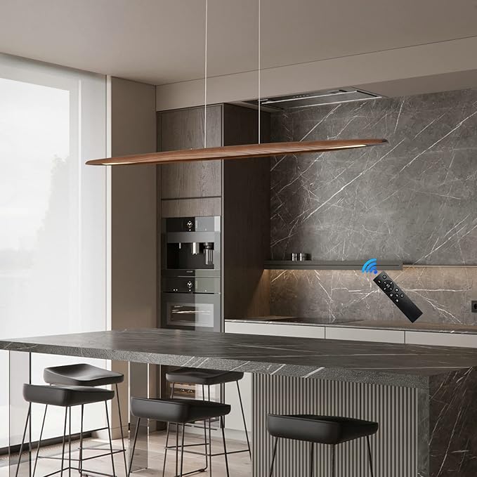 YISDESIGN 71" Wood Linear Pendant Light Wood Linear Dinning Room Light Island Lights LED Dimmable Chandelier 40w for Dining Room Billiard & Pool Table Walnut Color