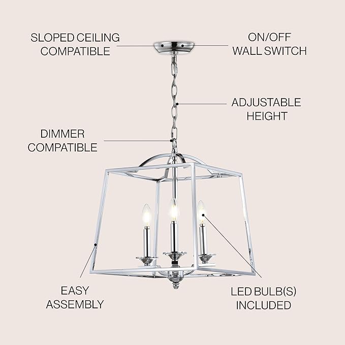 JONATHAN Y 14.5" Chrome 3-Light Metal Lantern Pendant Light, Adjustable LED Hanging Ceiling Fixture for Kitchen Island, Foyer, Entryway and Dining Room, ETL Listed JYL7410A