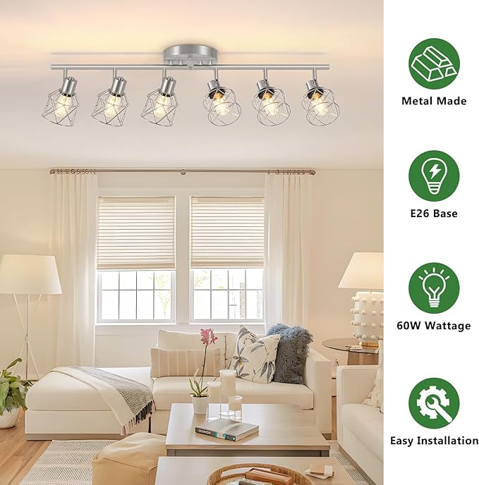 6-Light Brushed Nickel Multi-Directional Semi Flush Mount Ceiling Light, Kitchen Light Fixtures Ceiling Mount, Modern Metal Cage Close to Ceiling Lamp for Dining Room Hallway Entryway
