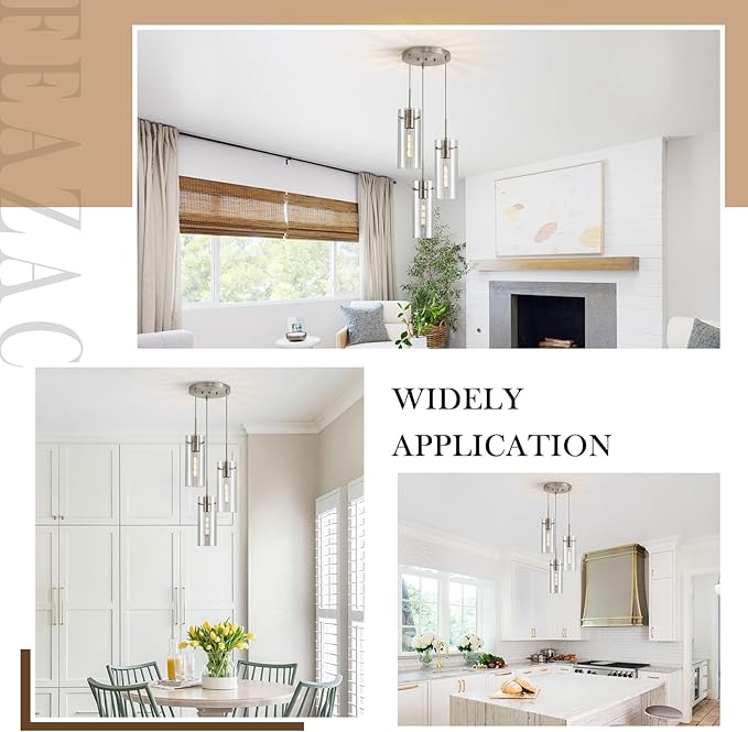 Modern Cluster Pendant Lights, Brushed Nickel Cluster Chandelier with Clear Ribbed Glass, 3 Light Pendant Lighting for Kitchen Island, Staircase, Dining Room, Living Room
