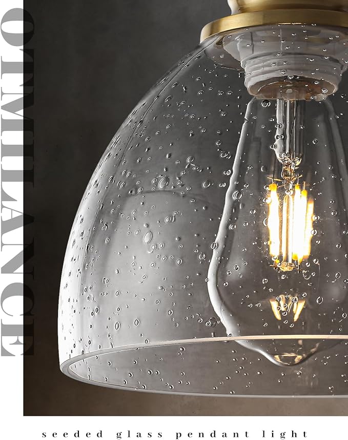 Gold Pendant Lights 2 Pack, 7.5 Inch Seeded Glass Pendant Light, Gold Farmhouse Pendant Light Kitchen Island, Glass Kitchen Pendant Lights for Kitchen Island, Dining Room, Living Room