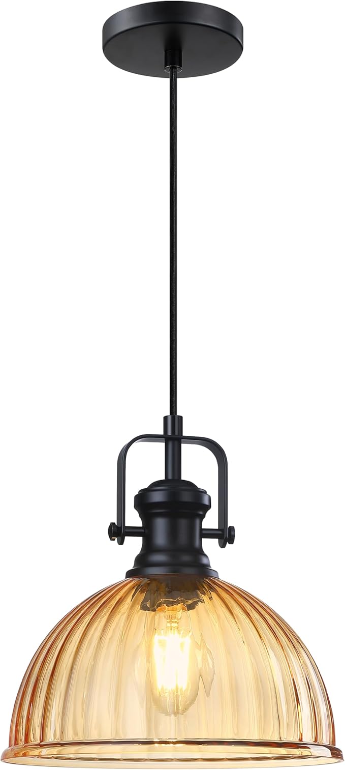 Leading Lighting 1 Light Pendant Light Hanging Modern Farmhouse Indoor Fixture 10" Gold Textured Glass Black Finish Dinning Over Sink Kitchen Island