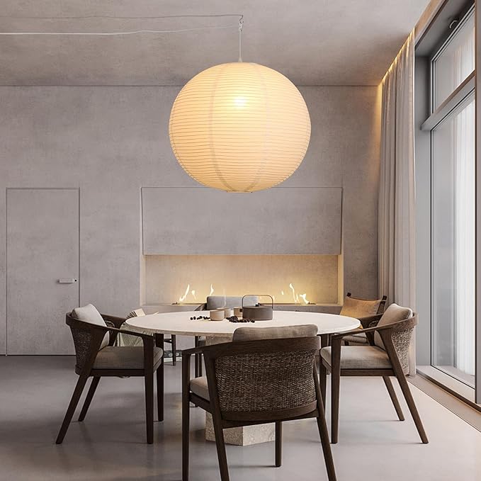 Paper Lantern Lamp Plug in Hanging Lamp 23.6in White Rice Paper Pendant Light with 19.7FT Cord Large Globe Japanese Japandi Wabi Sabi Chandelier for Dining Living Room Bedroom Office 2 Pack