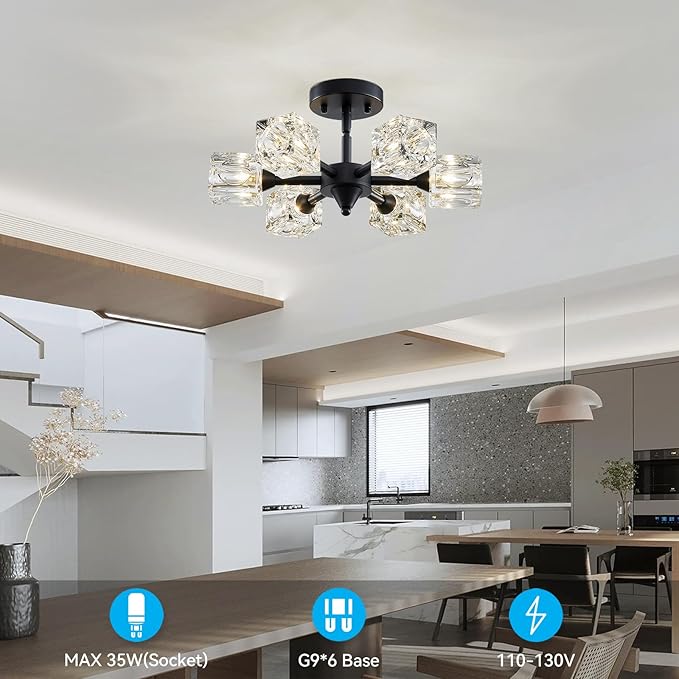 XINGQI Modern Sputnik Chandelier 6-Lights Black Ceiling Light Fixture Small Farmhouse Semi Flush Mount Ceiling Light Glass Industrial Lighting for Hallway Dining Room Living Room Kitchen Bedroom