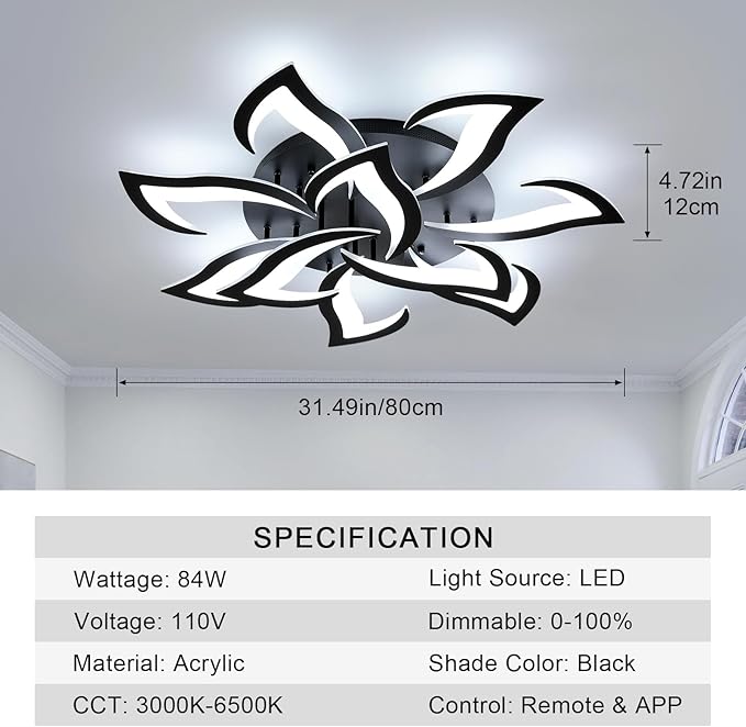 Goeco Dimmable Ceiling Light, 10-Petals Flower Light Fixture with Remote Control and App, 3000K-6500K Modern LED Ceiling Light for Living Room, Bedroom, Kitchen, Black