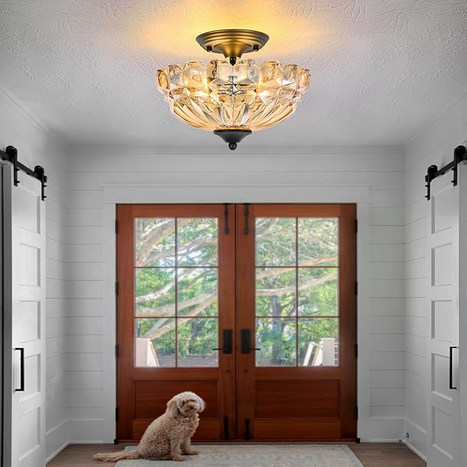 Semi Flush Mount Ceiling Light, 3-Light Kitchen Ceiling Lighting Fixtures with Amber Glass Lampshade, Gold Modern Chandelier for Living Room Bedroom Hallway