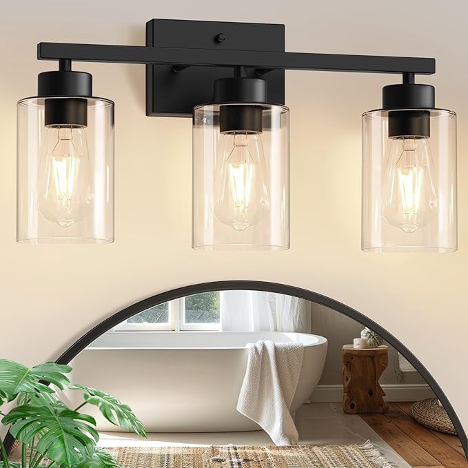 IZORRO Modern Bathroom Light Fixtures, 3 Light Black Vanity Lights, Bathroom Lighting Fixtures Over Mirror with Clear Glass for Living Room Cabinet Bedroom