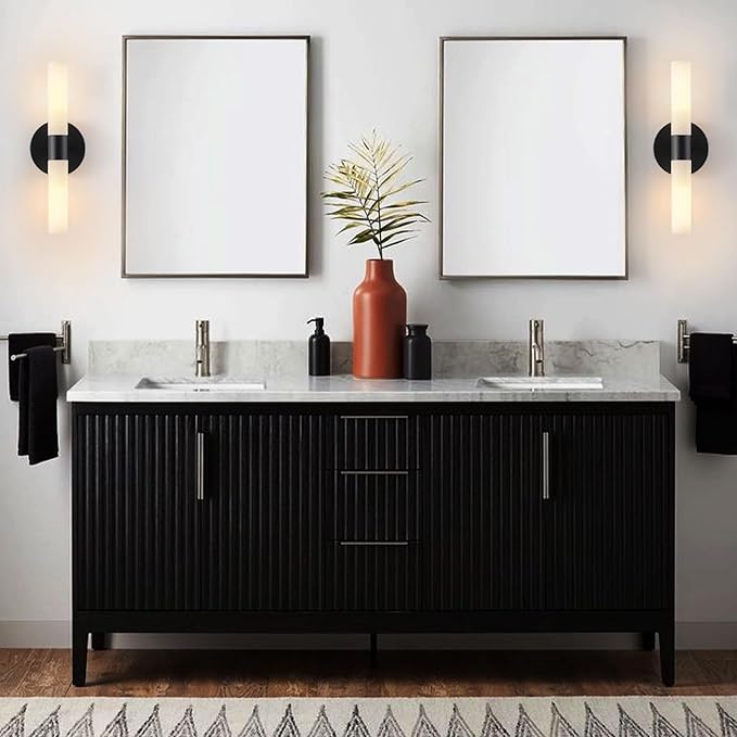 KUZZULL Wall Sconces Set of Two Matte Black Bathroom Wall Sconce Light Set of 2 Modern Wall Light Fixtures Metal Sconces Wall Lighting with White Glass Shade Wall Mounted Lamp for Living Room