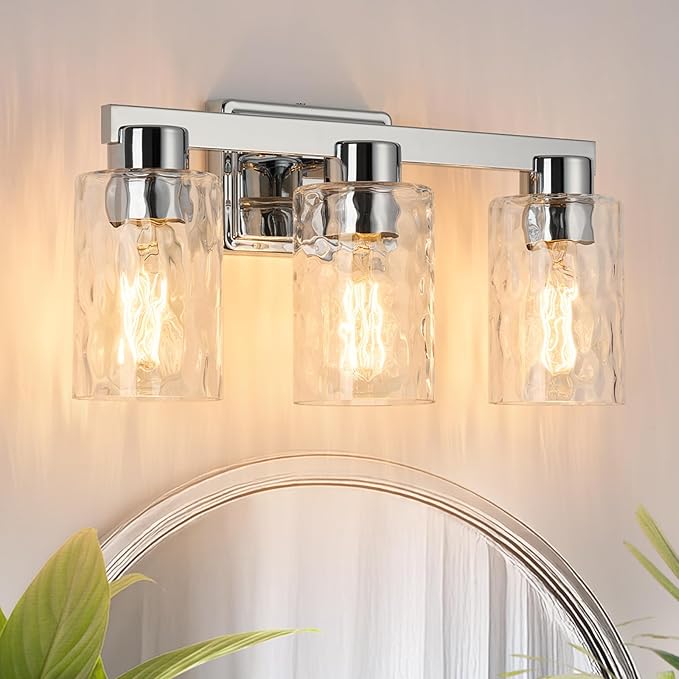 3-Light Bathroom Light Fixtures Modern Chrome Vanity Lights with Water Ripple Glass Wall Sconces Over Mirror for Bathroom, Powder Room, Living Room