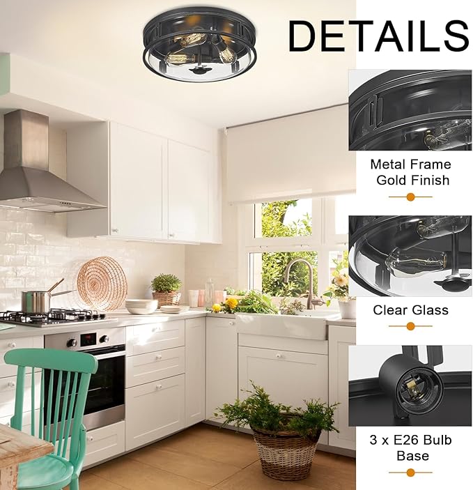 16 Inch Flush Mount Ceiling Light with Clear Glass Shade, 3-Light Indoor Outdoor Farmhouse Lighting Flush Mount Lights for Kitchen Bedroom Porch Living Dining Room(Large)