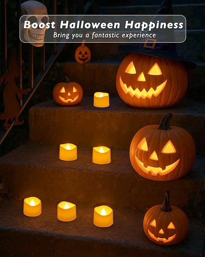 Raycare 24 Pack Tea Lights with Timer, 6H Timer Built-in, Flameless Battery Operated Tea Lights Flickering in Warm Yellow, Realistic Votive Candle for Halloween Wedding Christmas Party Home Decor