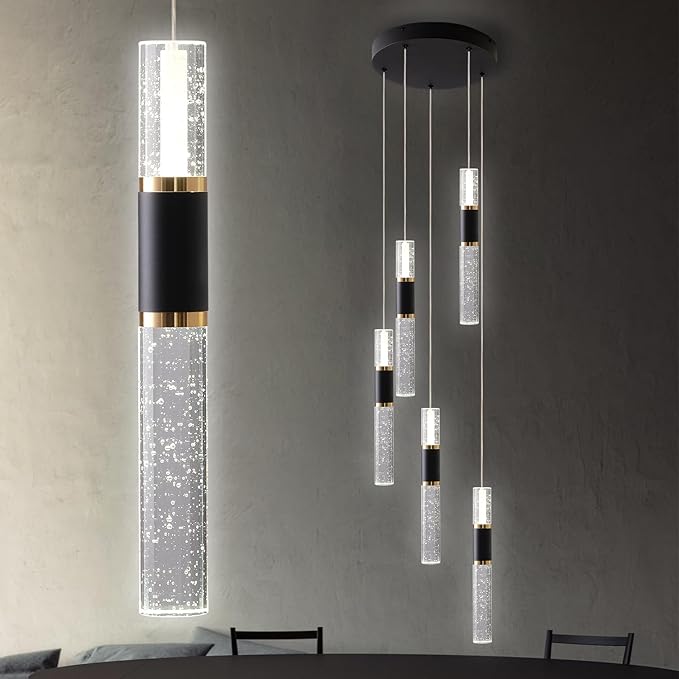 5-Light Modern Pendant Lights Kitchen Island Lighting Fixture,Dimmable Mordern LED Pendant Light with Remote,Black Gold Modern Led Chandelier for Dining Room