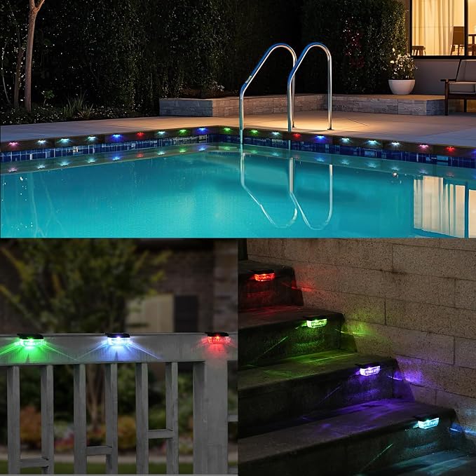 Herzila Solar Step Lights Outdoor, 8 Pack RGB Color Changing Christmas Solar Fence Lights, Waterproof Deck Lights for Outside, Step, Fence, Deck, Stair, Pool and Yard