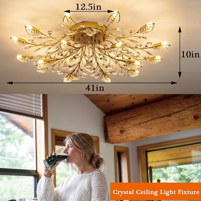 Modern Crystal Ceiling Light Fixture Gold Leaves Semi Flush Mount Ceiling Lights,Chandeliers Lighting for Bedroom Living Room Dining Room Kitchen Hallway Foyer