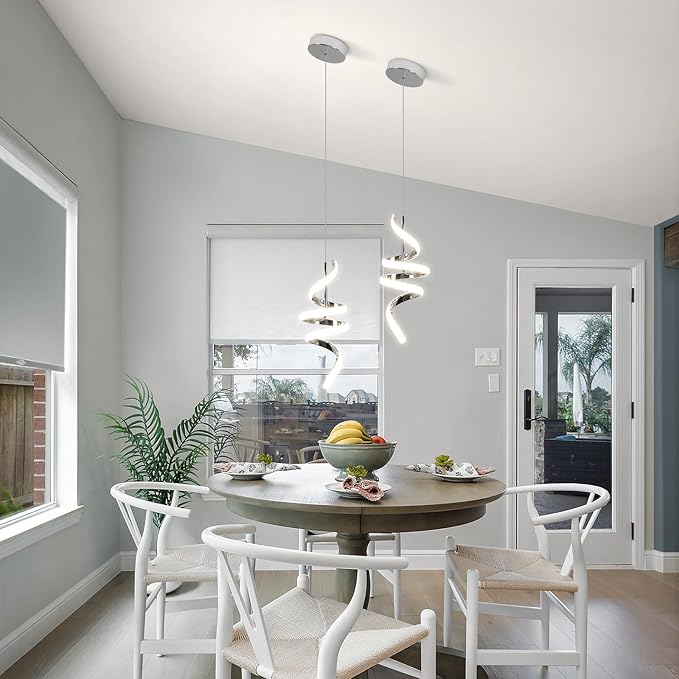 Modern Spiral LED Pendant Lights Kitchen Island, 22W Adjustable Height Hanging Light Fixture 5500K Chrome Chandelier for Dining Room Cafe Table, 3 Pack