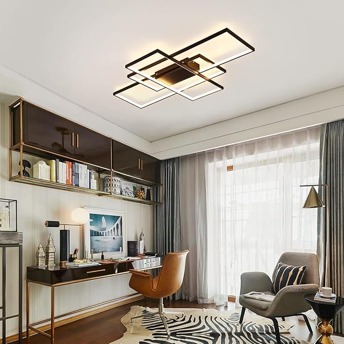 Dimmable with Remote Control LED Ceiling Light 3000K-7000K Flush Mount Luminaire Black Finished Chandelier for Living Room Dining Room Bedroom Kitchen (Black-VL17025-B-M)