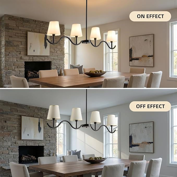 4-Light Linear Chandelier, 47"Black Farmhouse Light Fixture for Dining Room Kitchen Island, Modern Pendant Lighting with Fabric Shades, Adjustable Height Kitchen Island Light Fixture,E12 Base